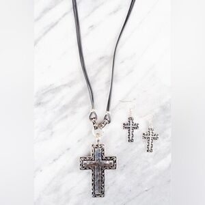 SILVERTONE SCROLL TRIMMED CROSS BLACK CORD NECKLACE AND EARRING SET